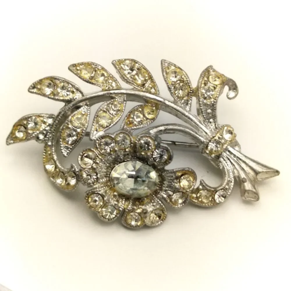 Vintage Floral Foliage Rhinestone Brooch Pin Silver Tone 2